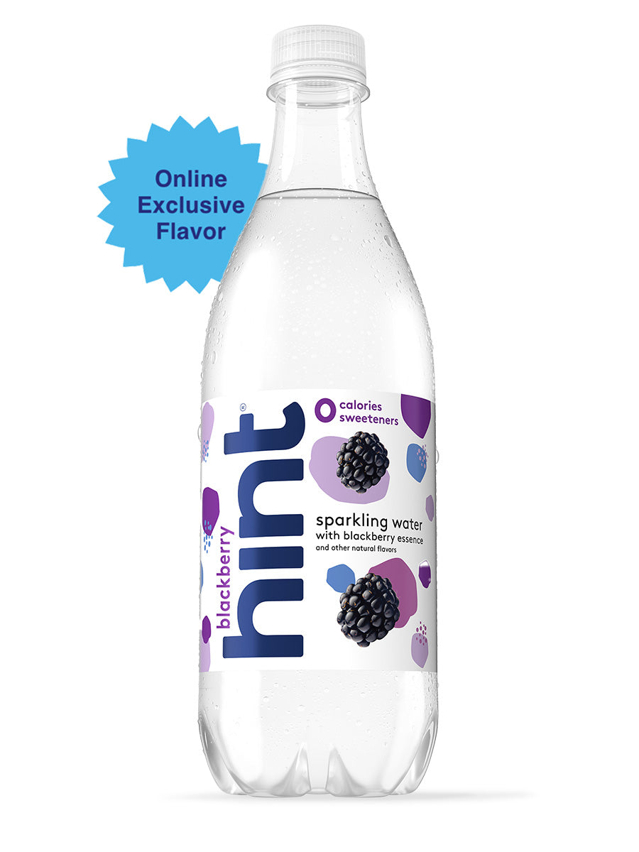 A blackberry hint sparkling water on a white background with an "online exclusive flavor" tag identifier. 