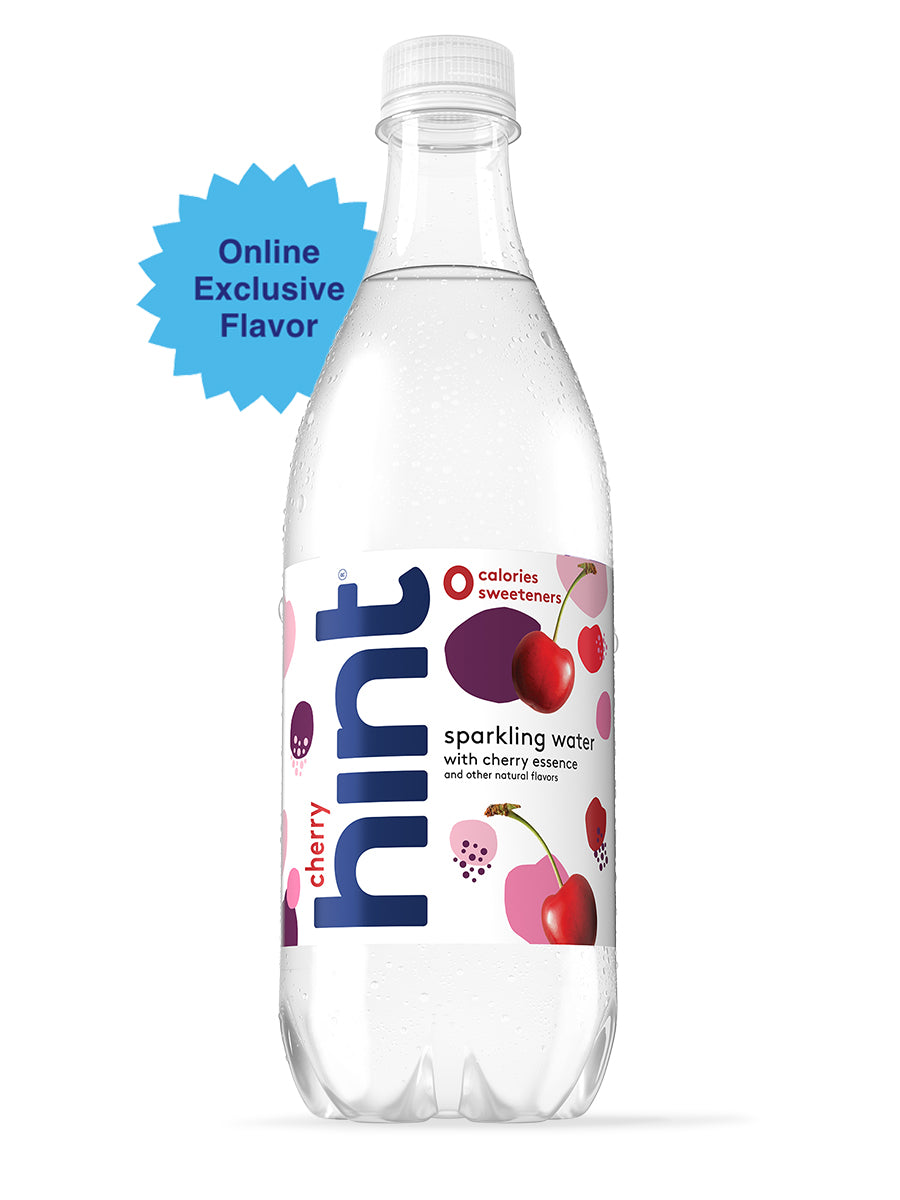 A cherry hint sparkling water on a white background with an "online exclusive flavor" tag identifier. 