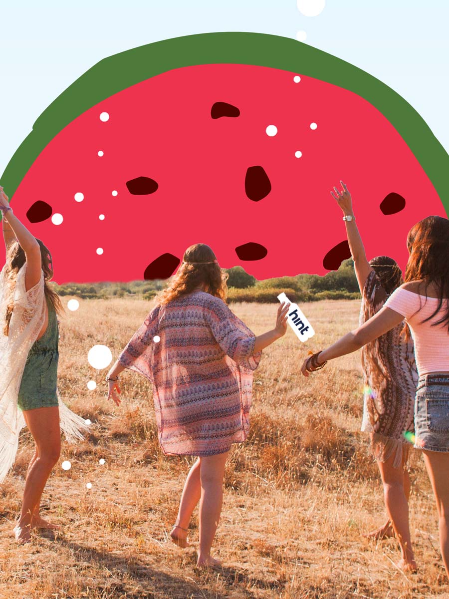 A collage photo of a group of girls dancing in a field, holding a bottle of hint with a watermelon graphic sunset.