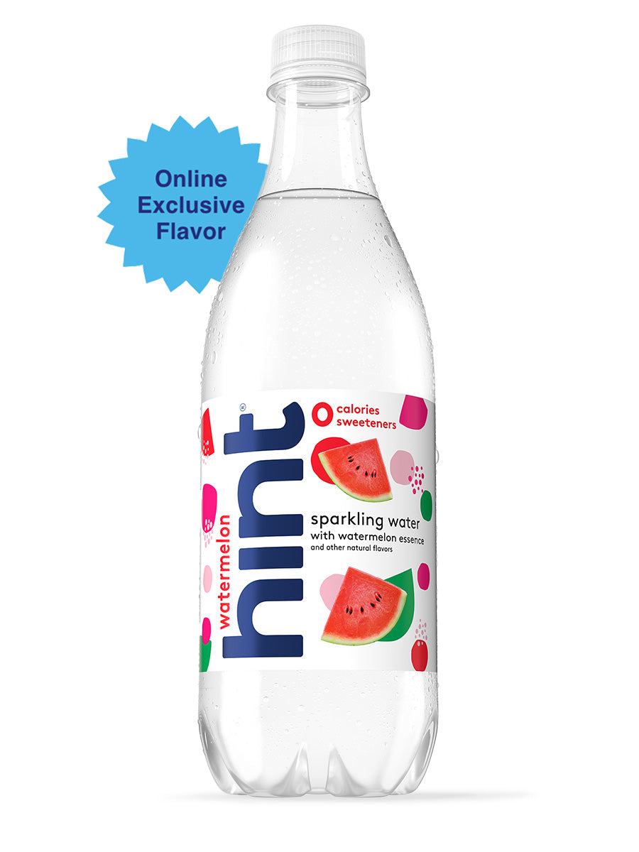 A watermelon hint sparkling water on a white background with an "online exclusive flavor" tag identifier. 