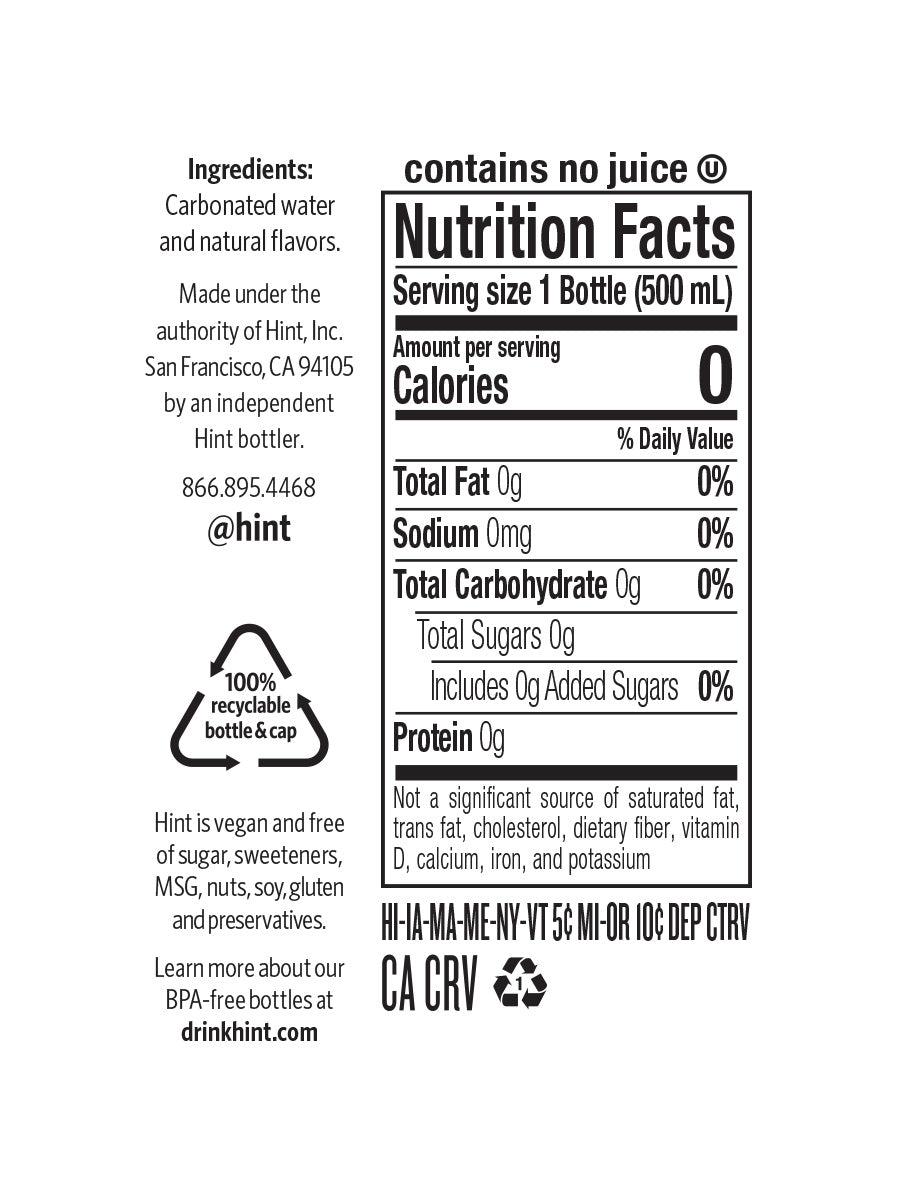 A hint sparkling water nutrition panel that reads the product is zero calories, zero diet sugars, no preservatives, and is bottled in a BPA-free bottle.