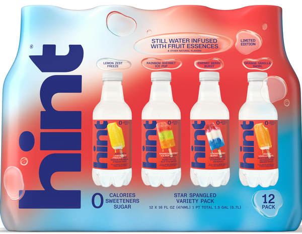 12-pack Hint Water Star Spangled variety pack with Lemon Zest Freeze, Rainbow Sherbet Ice Pop, Cherry Berry Burst, and Orange Vanilla Swirl flavors