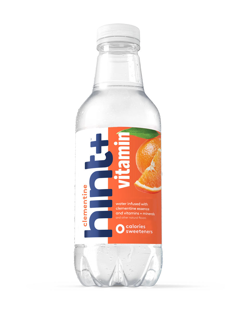A bottle of Clementine hint+ vitamin on a white background.