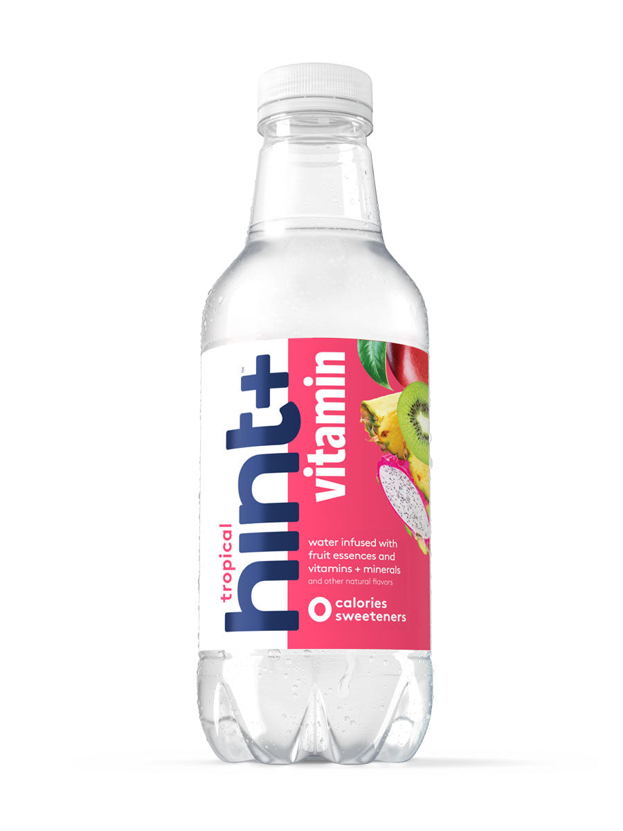 A bottle of Tropical hint+ vitamin on a white background. 