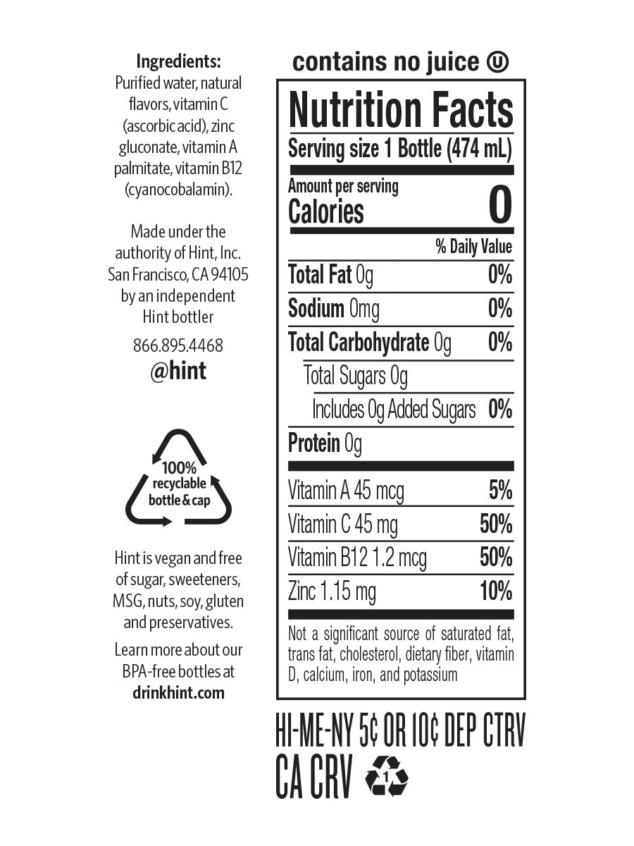 A hint+ vitamin water nutrition panel that reads the product is zero calories, zero diet sugars, no preservatives, and is bottled in a BPA-free bottle. It also lists the specific vitamins one will consume.