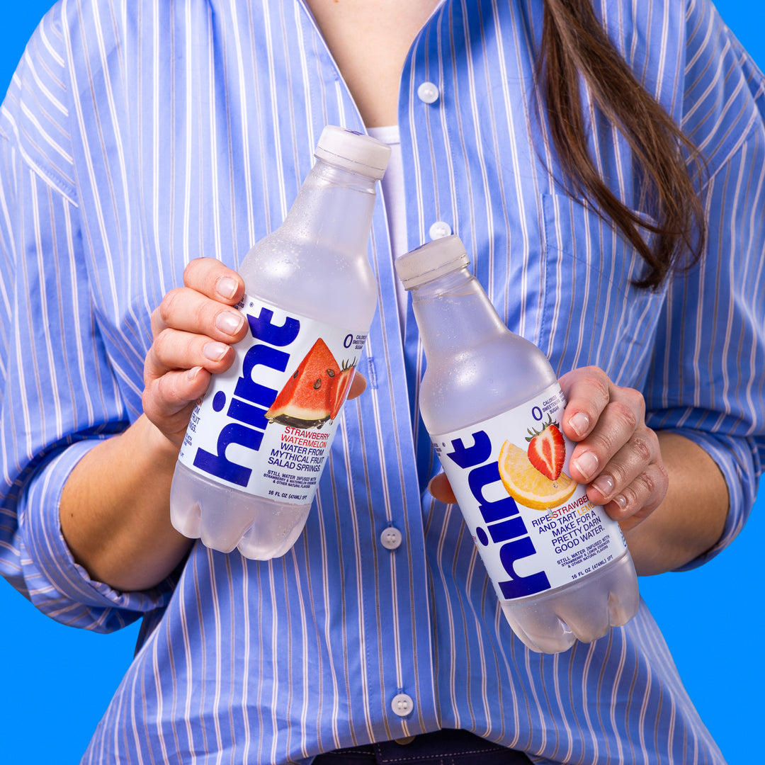 A bottle of Strawberry Lemon hint water on a white background. There is a "Limited Time Flavor" visual tag to identify this offering.
