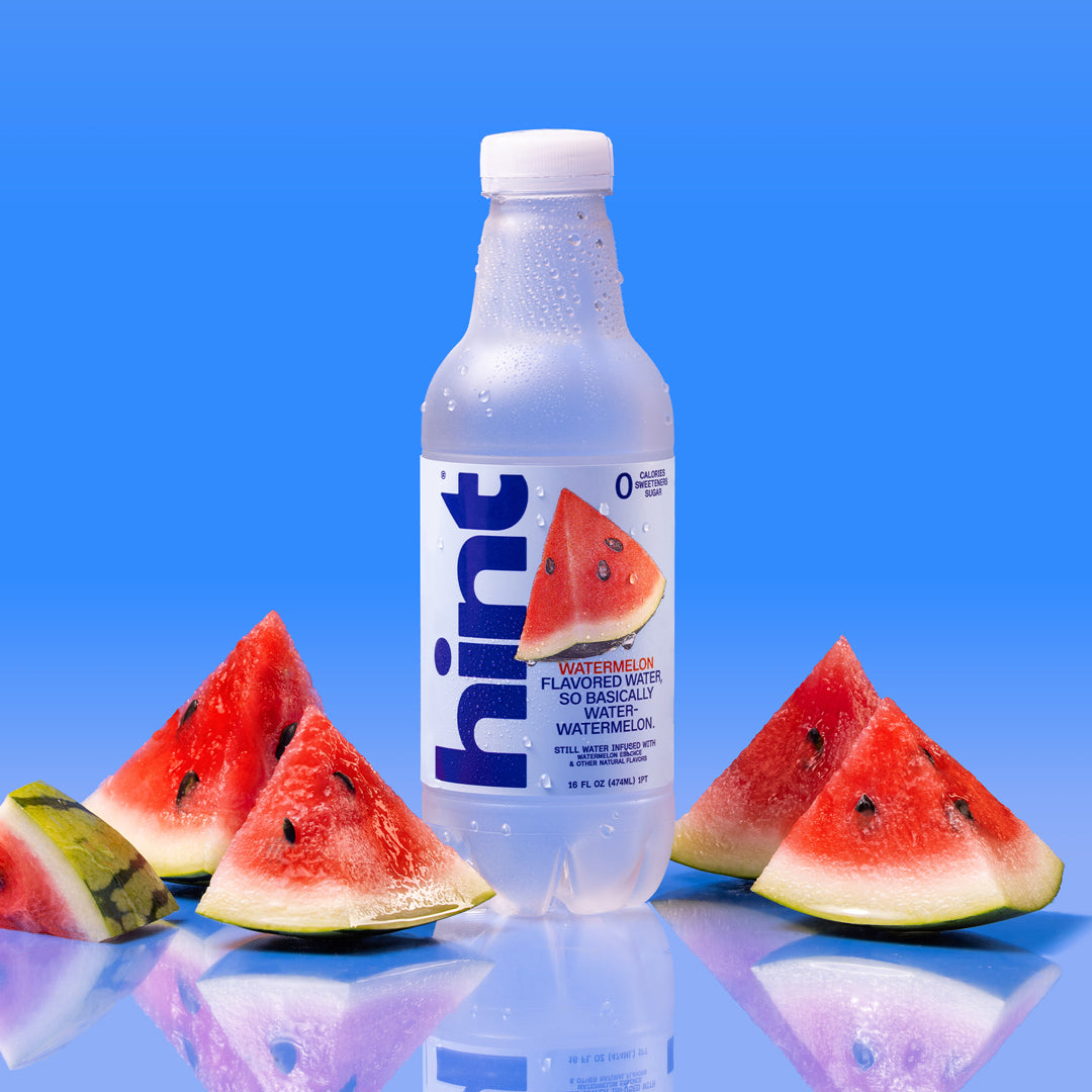 A bottle of Watermelon hint water on a white background.