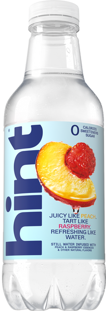 Bottle of hint still water infused with peach and raspberry essences, zero calories, sweeteners, and sugar