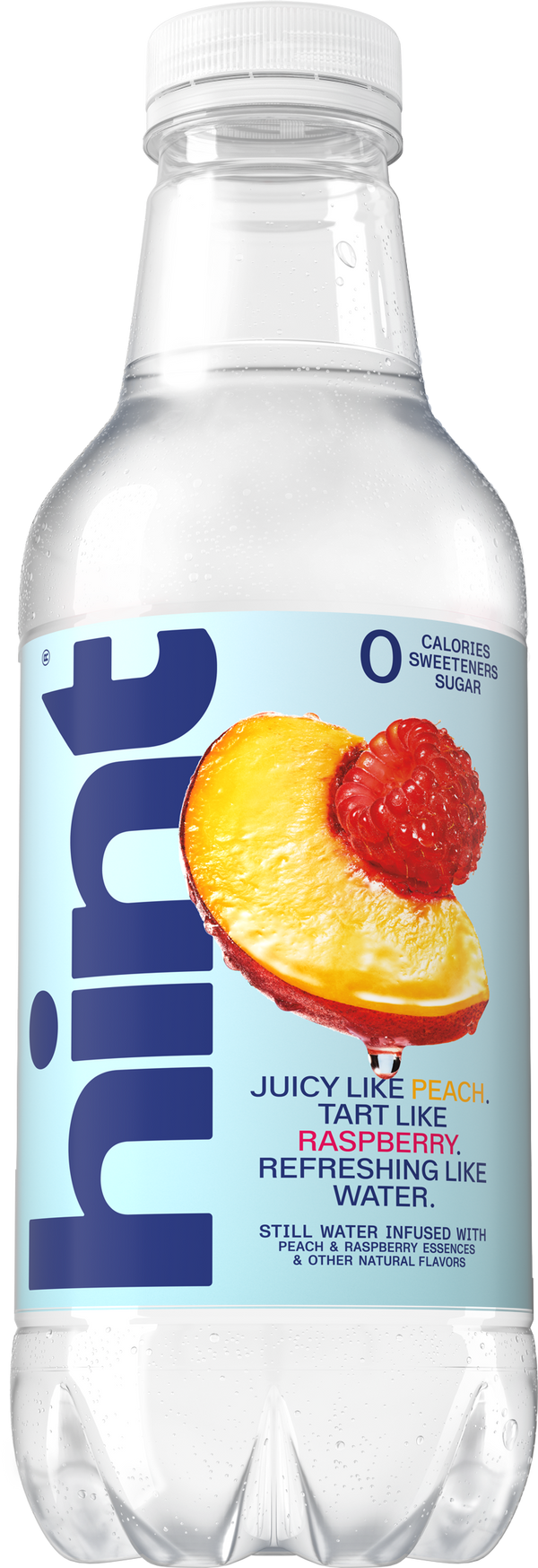 Bottle of hint still water infused with peach and raspberry essences, zero calories, sweeteners, and sugar