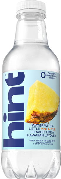 Bottle of still water infused with pineapple flavor, labeled '0 calories, sweeteners, sugar' and showing a pineapple slice
