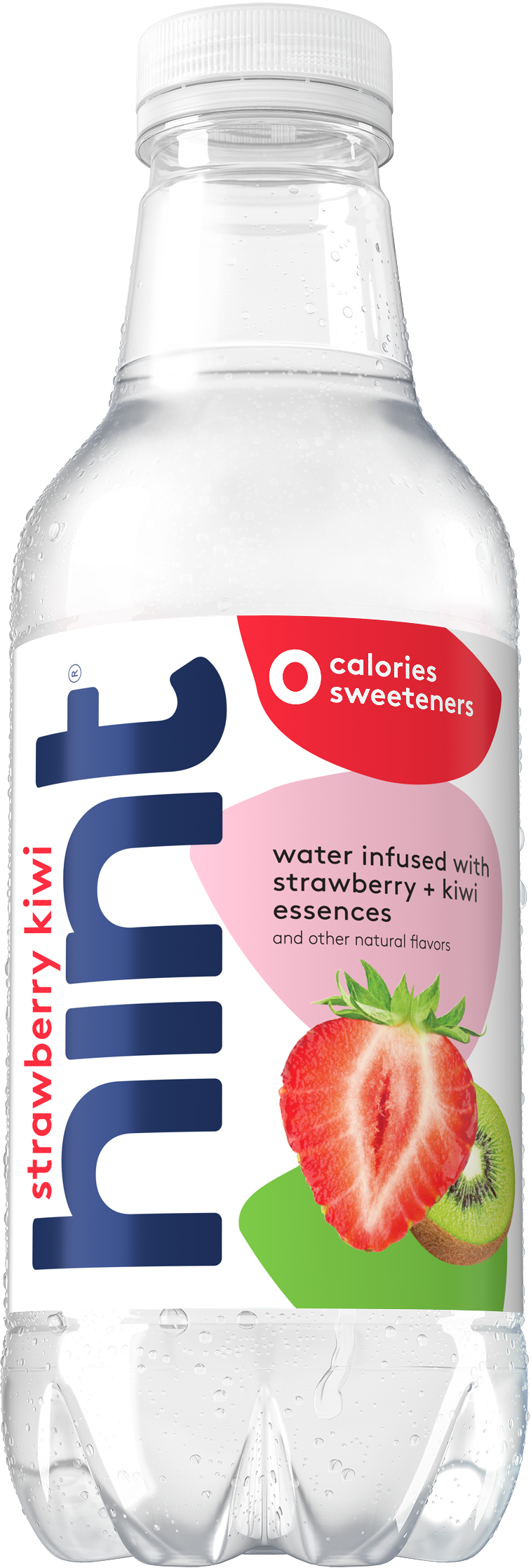 A bottle of Strawberry Kiwi hint water on a white background. There is a "Smashup Flavor" visual tag to identify this offering.