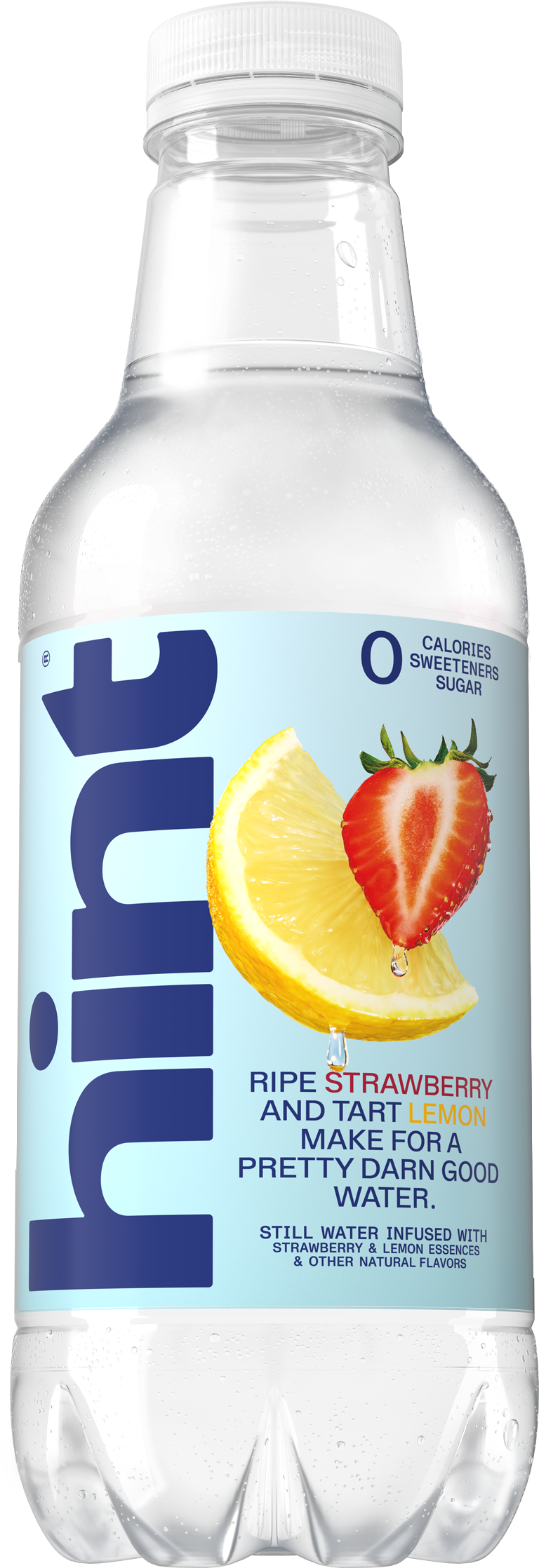 A bottle of Strawberry Lemon hint water on a white background. There is a "Limited Time Flavor" visual tag to identify this offering.