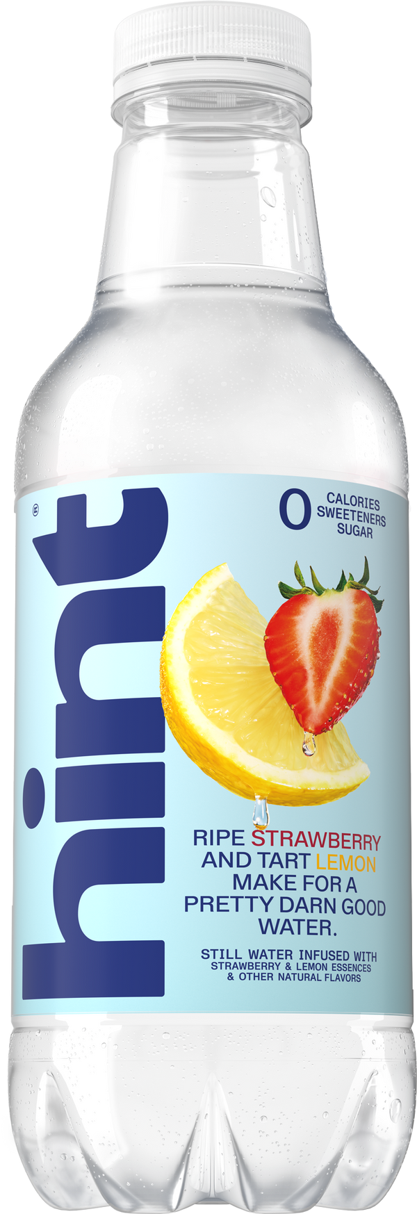 Plastic bottle of hint still water with strawberry and lemon flavor, zero calories, no sweeteners or sugar