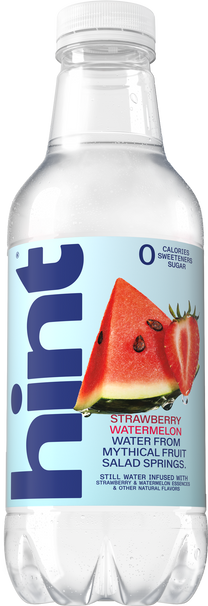 Bottle of Hint strawberry watermelon flavored water with zero calories, sweeteners, or sugar, featuring fruit images on label.