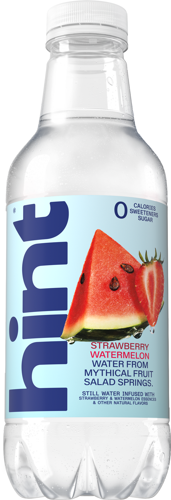 Bottle of Hint strawberry watermelon flavored water with zero calories, sweeteners, or sugar, featuring fruit images on label.