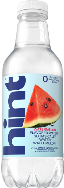 bottle of Hint still water, watermelon flavored, with label showing watermelon slice and text describing zero calories, sweeteners, and sugar