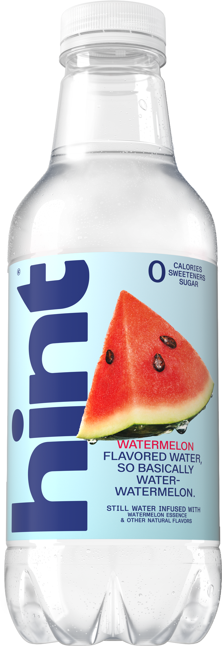 bottle of Hint still water, watermelon flavored, with label showing watermelon slice and text describing zero calories, sweeteners, and sugar