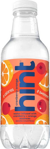 Single bottle of Hint Water cranberry orange flavor with vibrant orange label and fruit illustrations