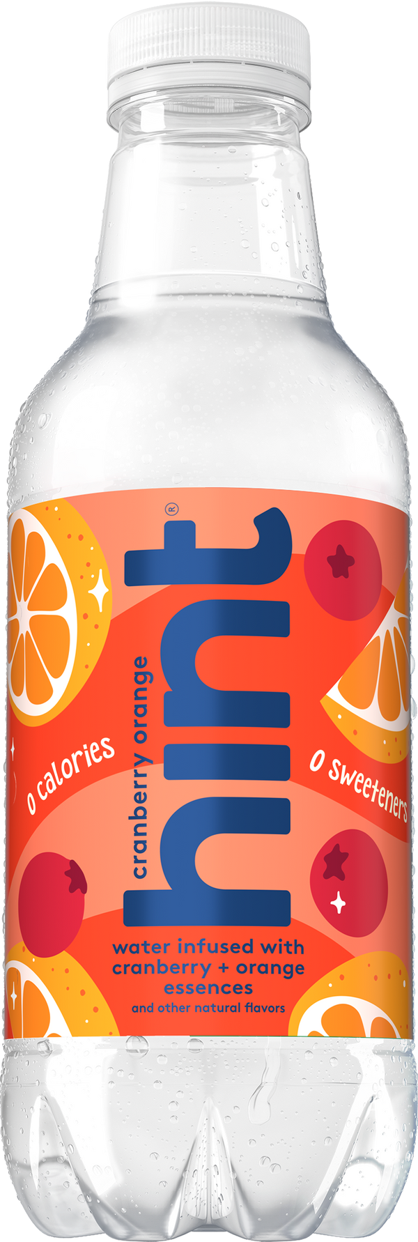 Single bottle of Hint Water cranberry orange flavor with vibrant orange label and fruit illustrations