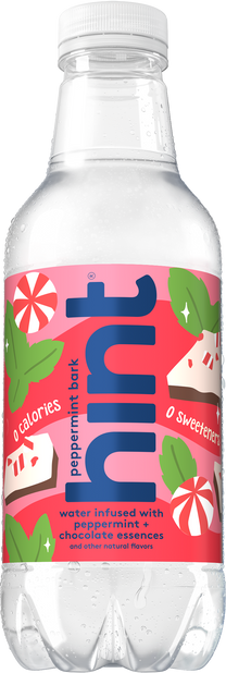 Single bottle of Hint Water peppermint bark flavor with peppermint and chocolate essences, no calories, no sweeteners