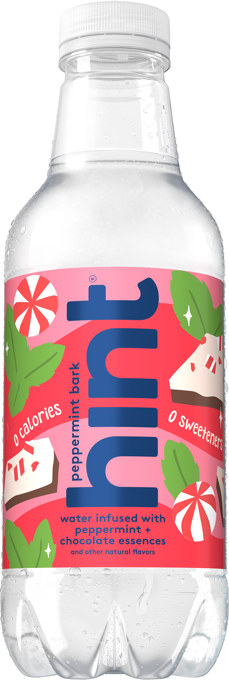 Single bottle of Hint Water peppermint bark flavor with peppermint and chocolate essences, no calories, no sweeteners