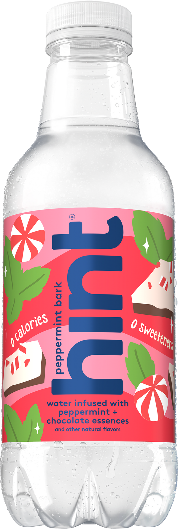Single bottle of Hint Water peppermint bark flavor with peppermint and chocolate essences, no calories, no sweeteners