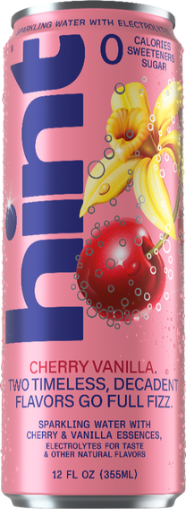Pink can of Hint sparkling water cherry vanilla flavor with cherry and vanilla flower images and zero calories, sweeteners, or sugar