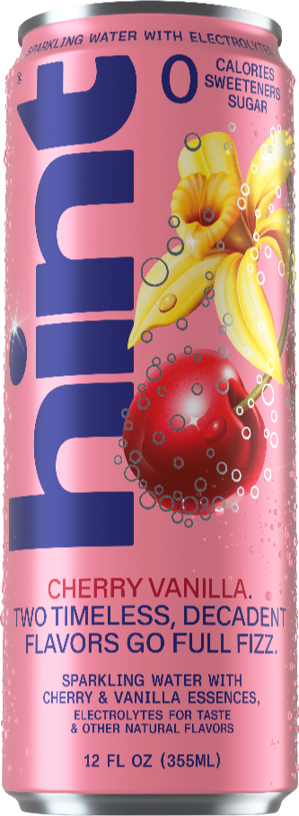 Pink can of Hint sparkling water cherry vanilla flavor with cherry and vanilla flower images and zero calories, sweeteners, or sugar