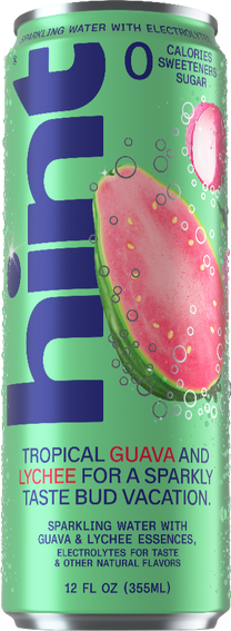 Can of Hint sparkling water with tropical guava and lychee flavor, zero calories, sweeteners, and sugar, 12 fl oz
