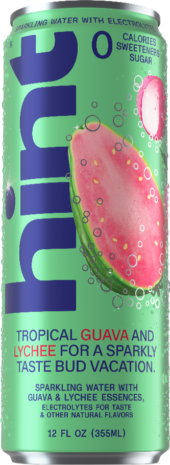 Can of Hint sparkling water with tropical guava and lychee flavor, zero calories, sweeteners, and sugar, 12 fl oz