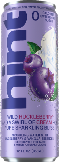 Can of Hint wild huckleberry and cream flavored sparkling water, zero calories, sweeteners, and sugar, 12 fl oz