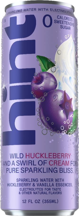 Can of Hint wild huckleberry and cream flavored sparkling water, zero calories, sweeteners, and sugar, 12 fl oz