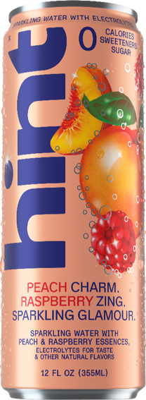 Can of Hint sparkling water with peach and raspberry artwork, labeled zero calories, sweeteners, and sugar, 12 fl oz