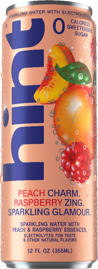 Front view of Peach Raspberry sparkling water with electrolytes can showcasing peach and raspberry imagery on a transparent background