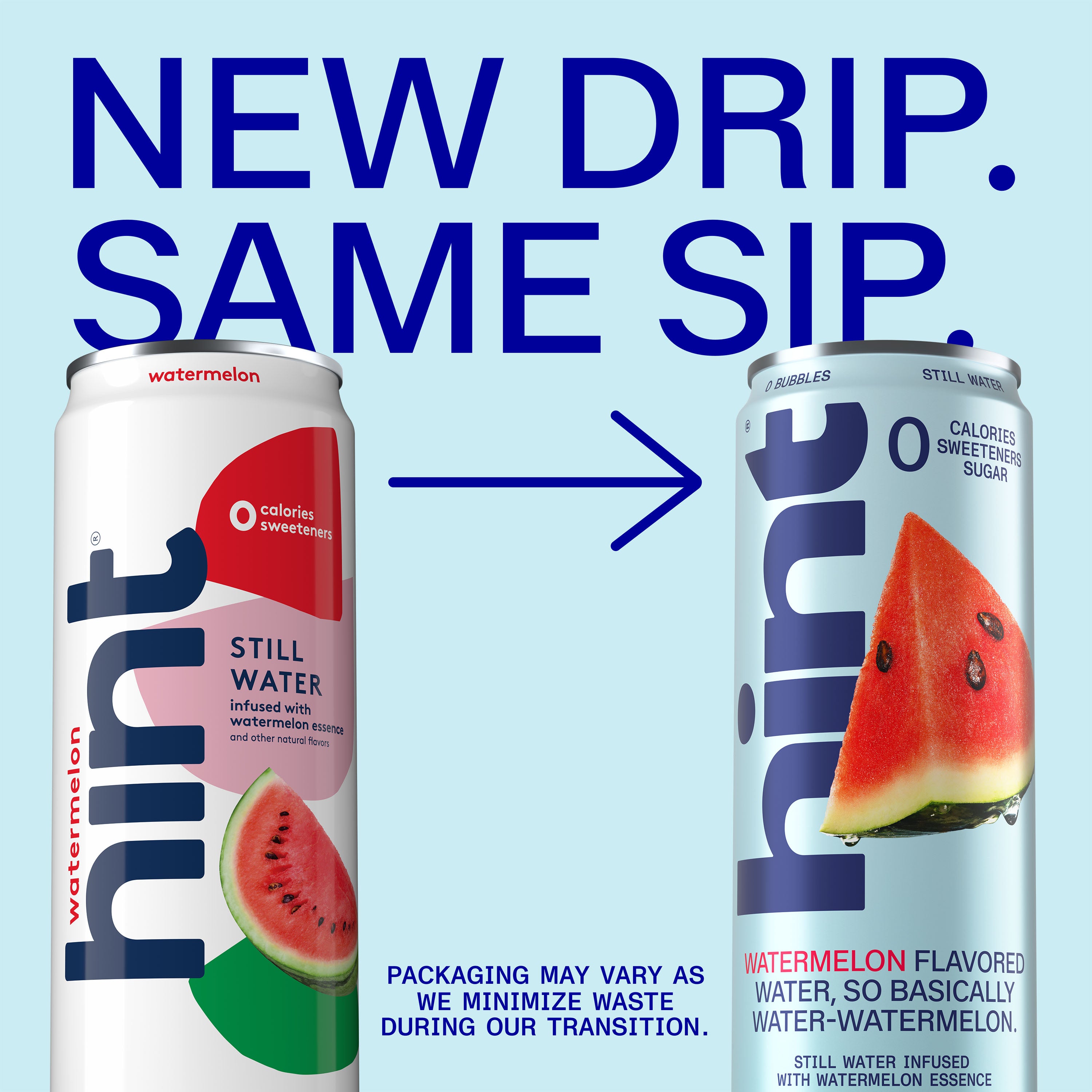 Two watermelon flavored Hint Water cans side by side showing old and new packaging designs