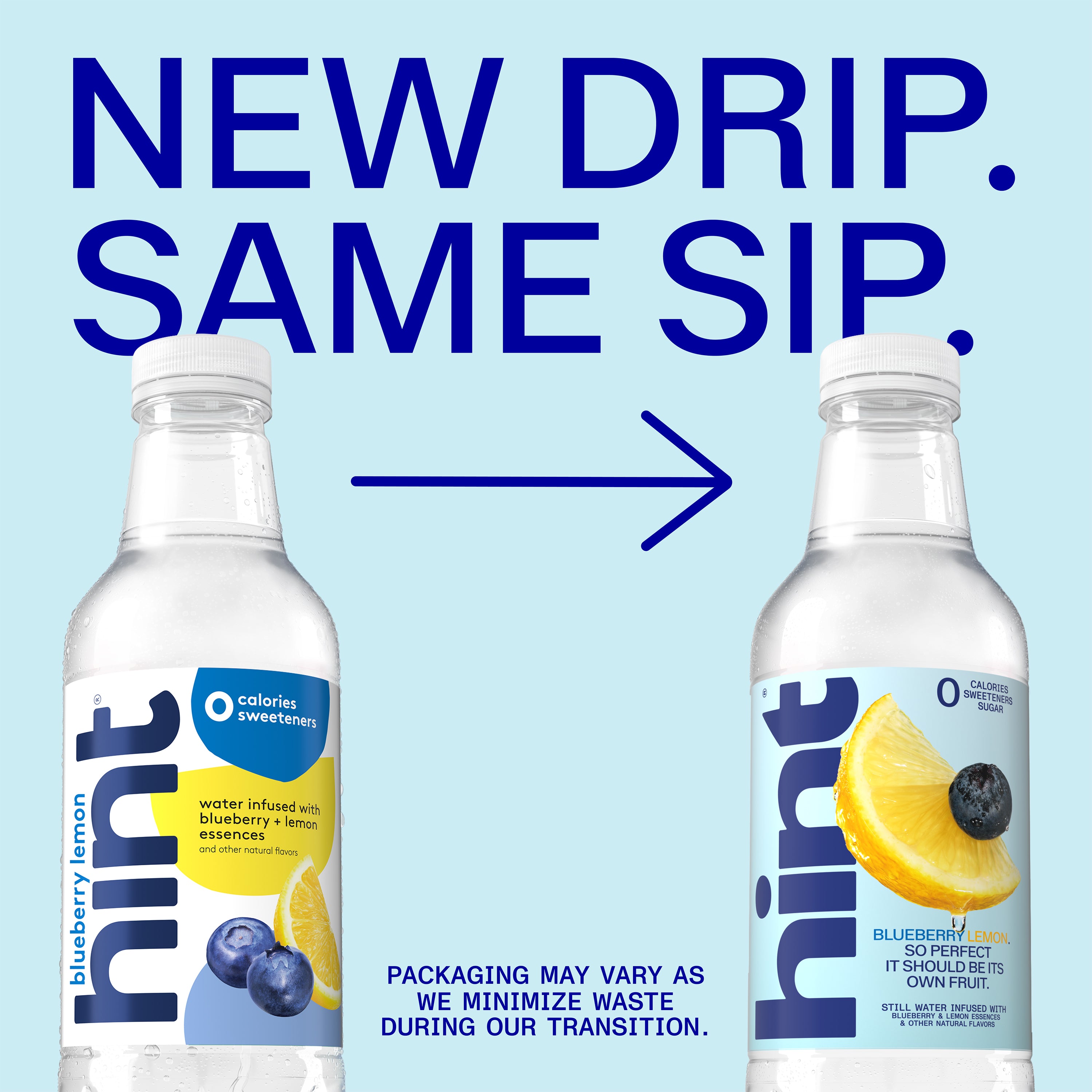 Two Hint Water 16oz bottles showing old and new blueberry lemon packaging with text about minimizing waste during transition