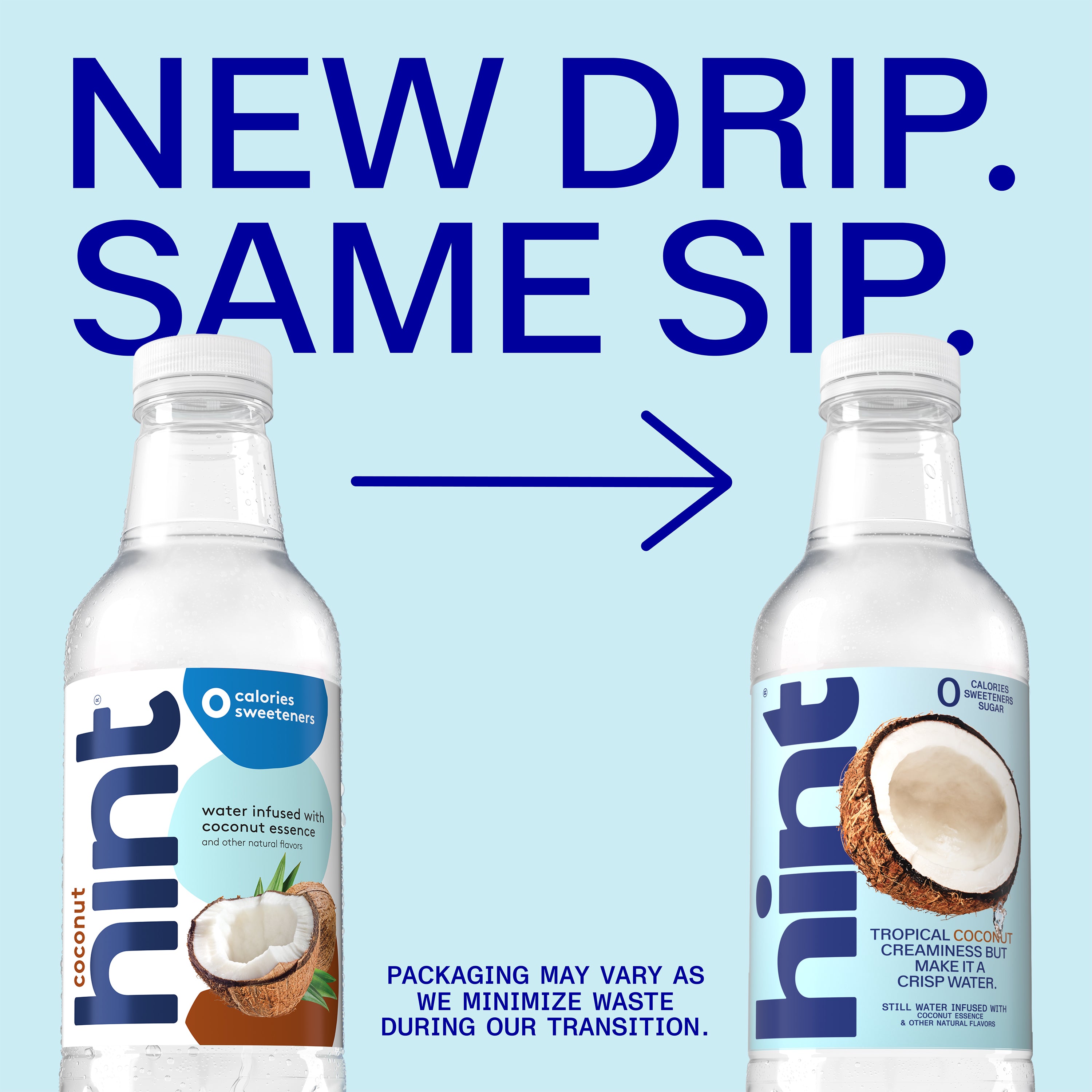 Two Hint Water 16oz coconut flavor bottles showing old and new packaging designs with text about packaging transition