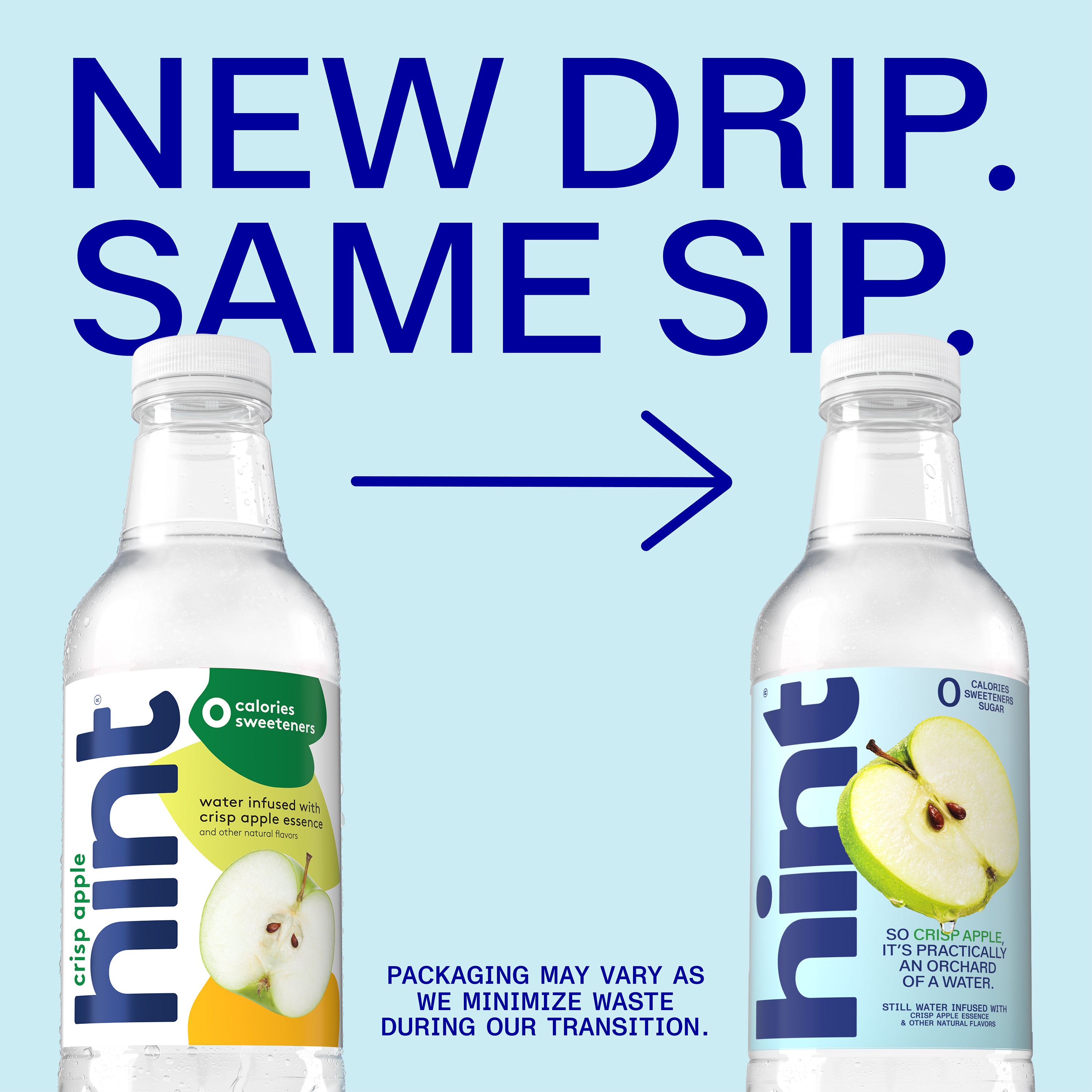 Two 16oz Hint Water bottles with crisp apple flavor showing old and new label designs side by side