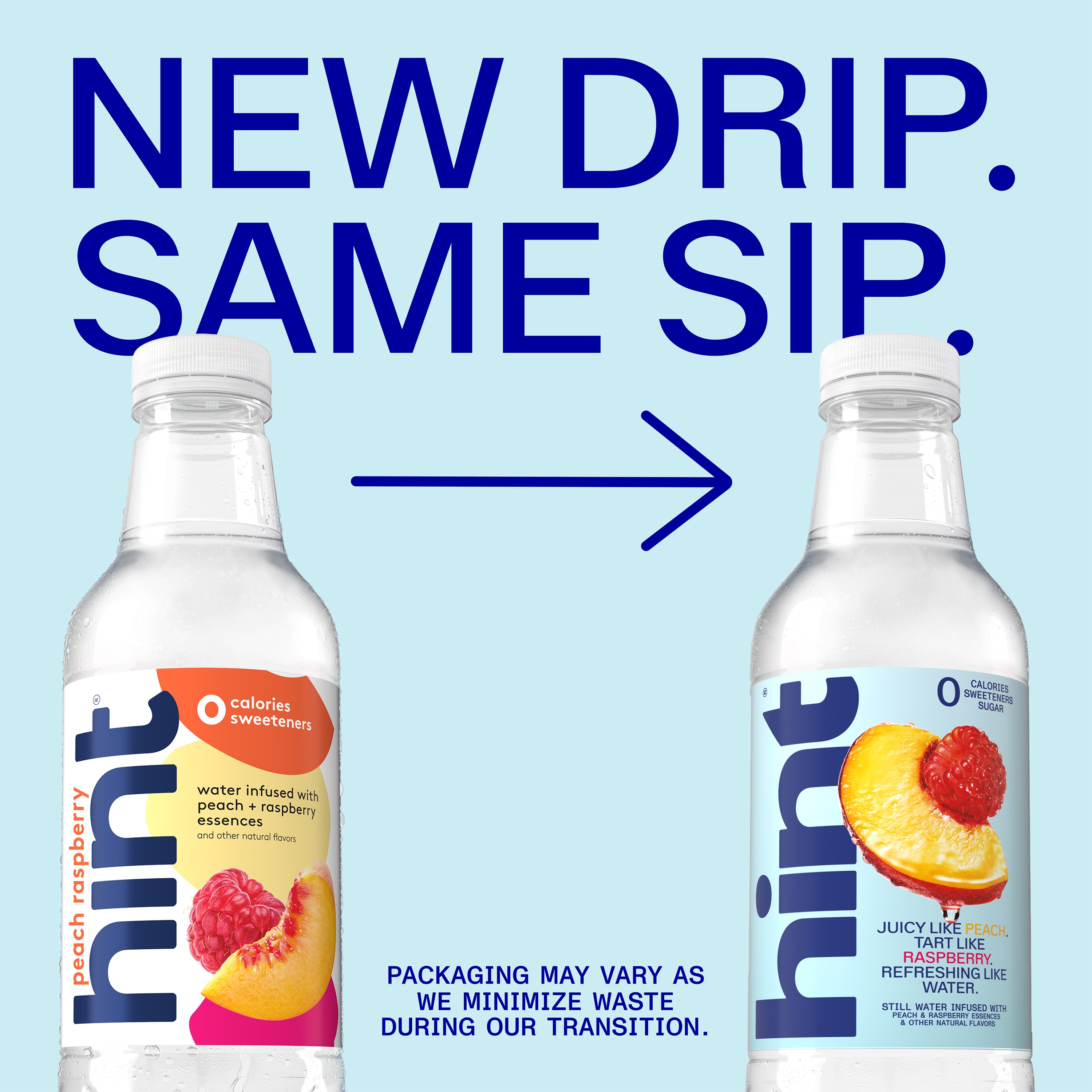 Two 16oz Hint Water bottles, peach raspberry flavor, old and new label designs side by side