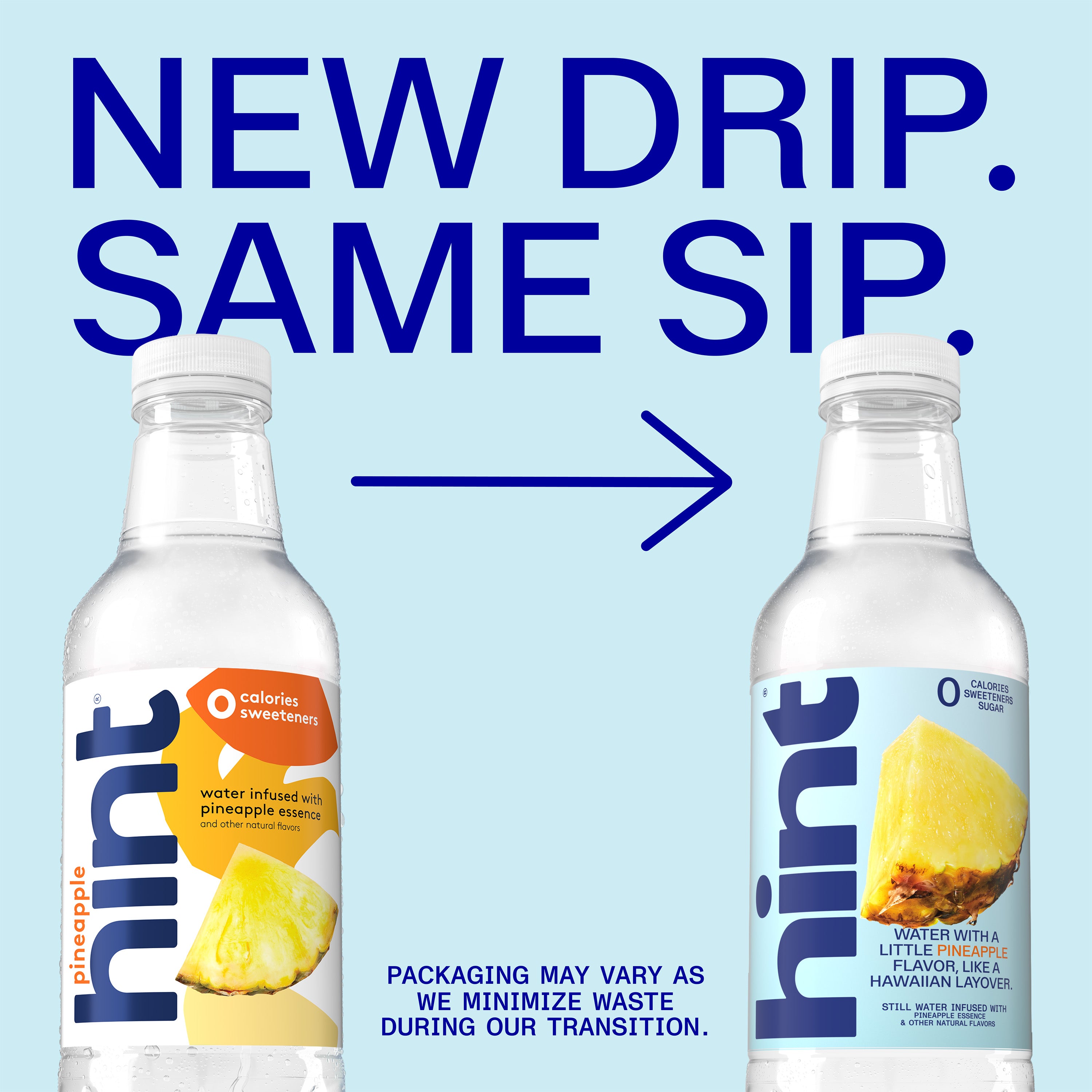 Two 16 oz Hint Water pineapple flavor bottles showing old and new label designs side by side