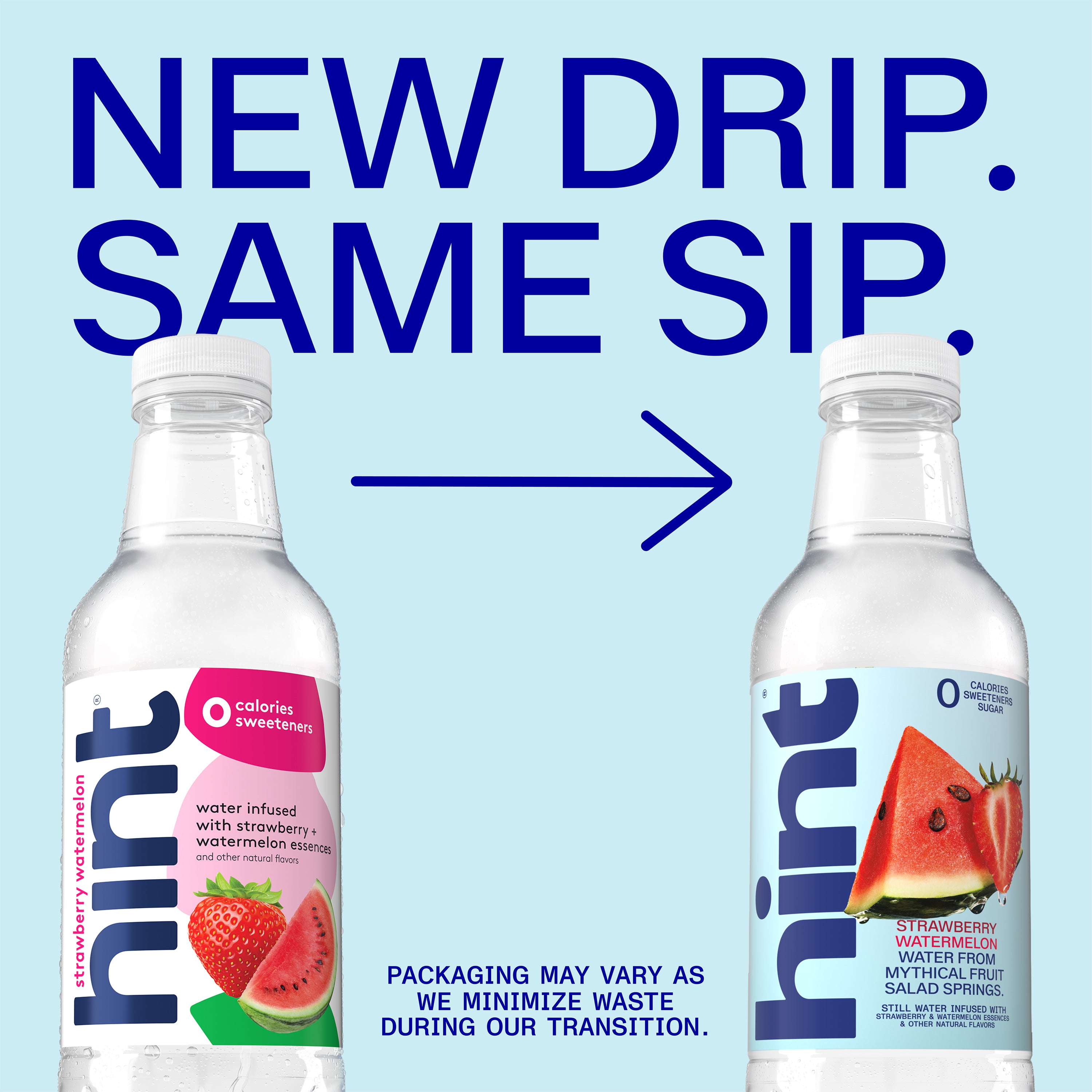 Two 16oz Hint water bottles, old and new packaging, strawberry watermelon flavor, zero calories and sweeteners
