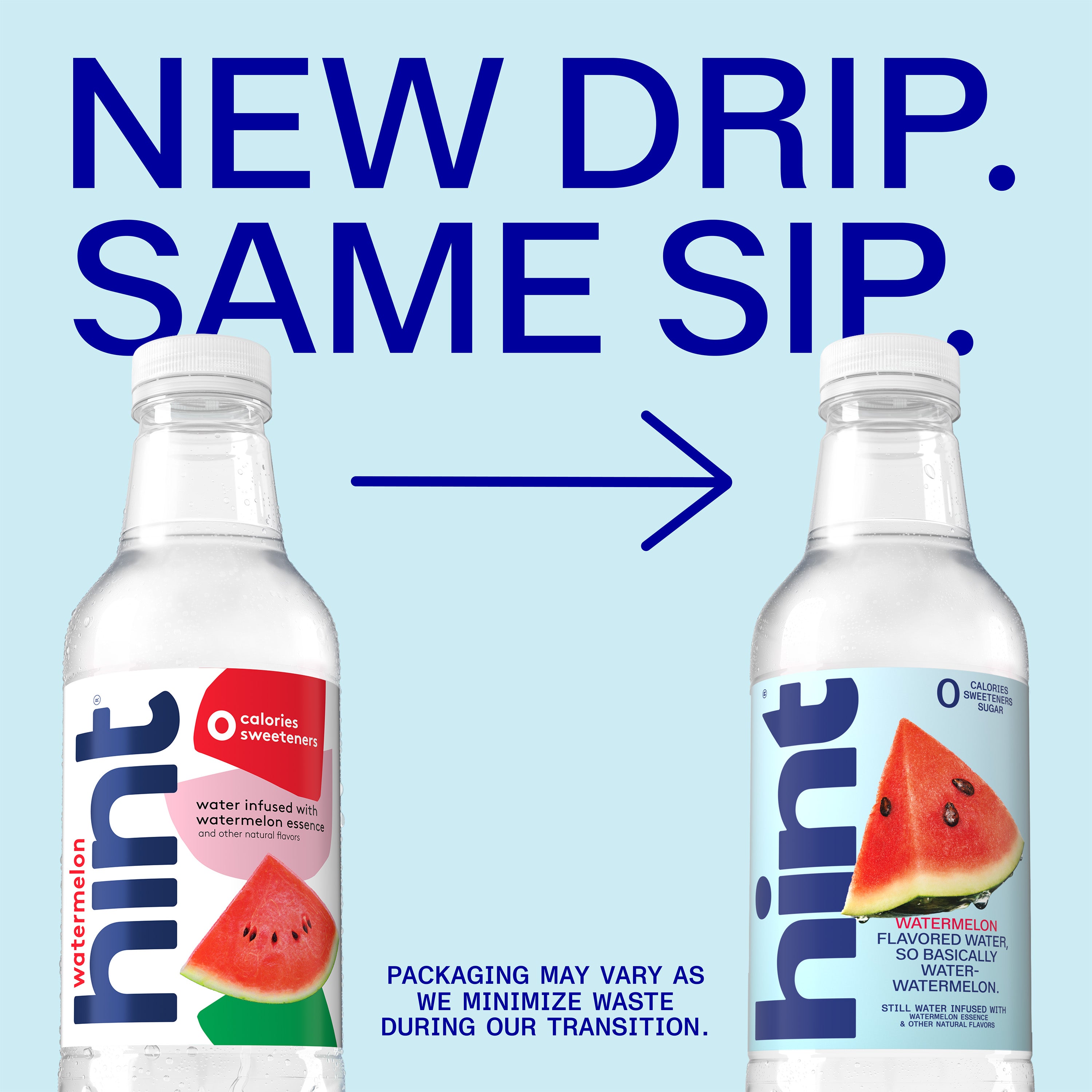 Two 16oz Hint Water bottles side by side showing old and new watermelon flavor label designs