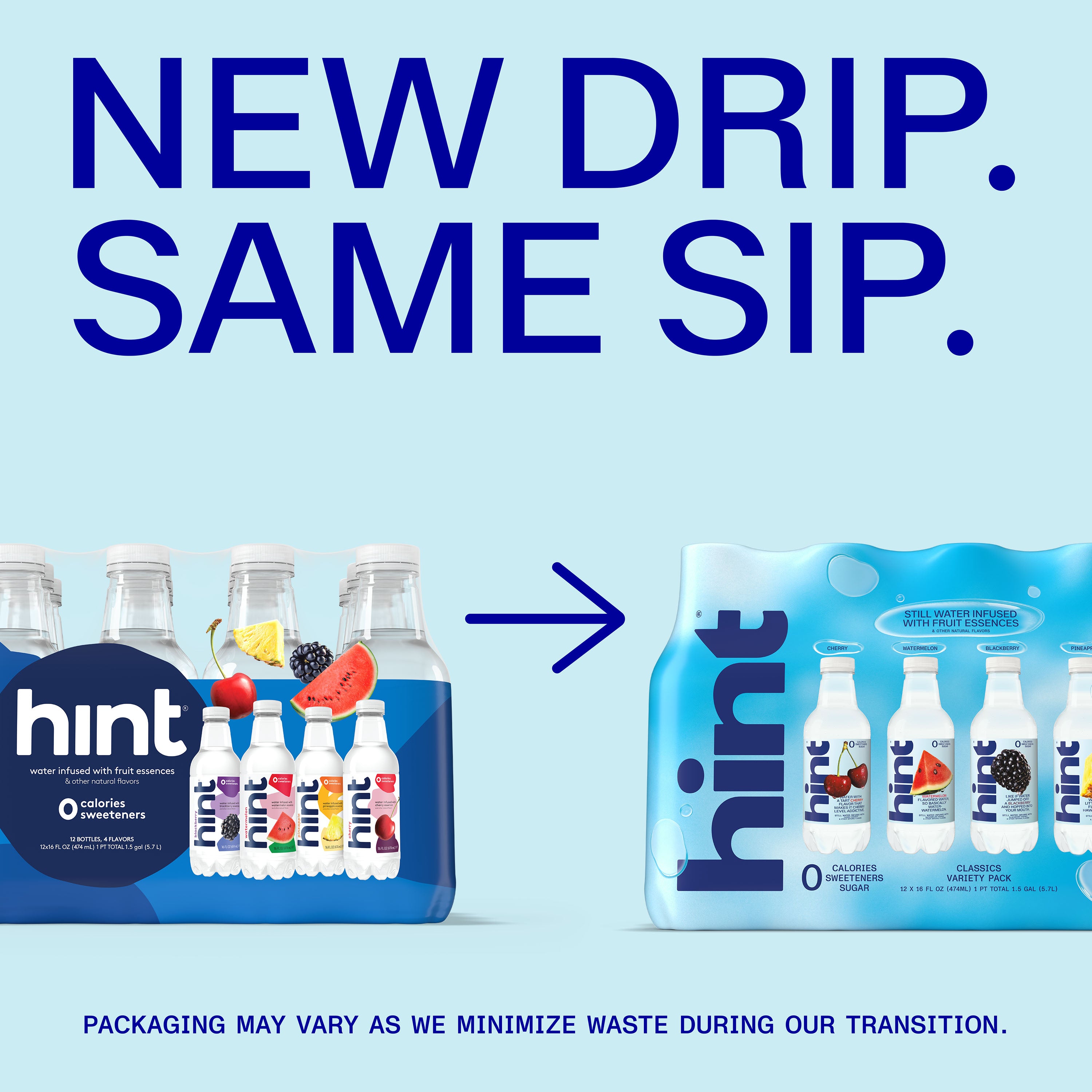 Two 12-pack varieties of Hint Water 16oz bottles showing old and new packaging designs with fruit flavors