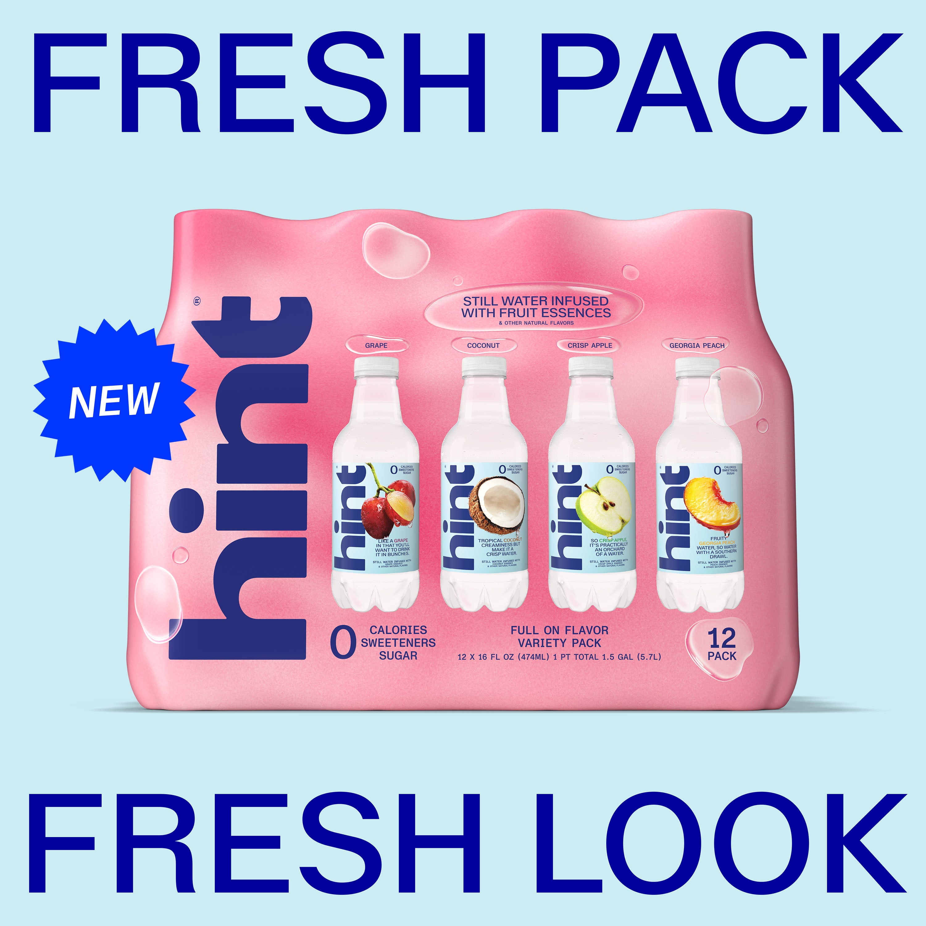 12-pack of 16oz Hint Water bottles with grape, coconut, crisp apple, and Georgia peach flavors