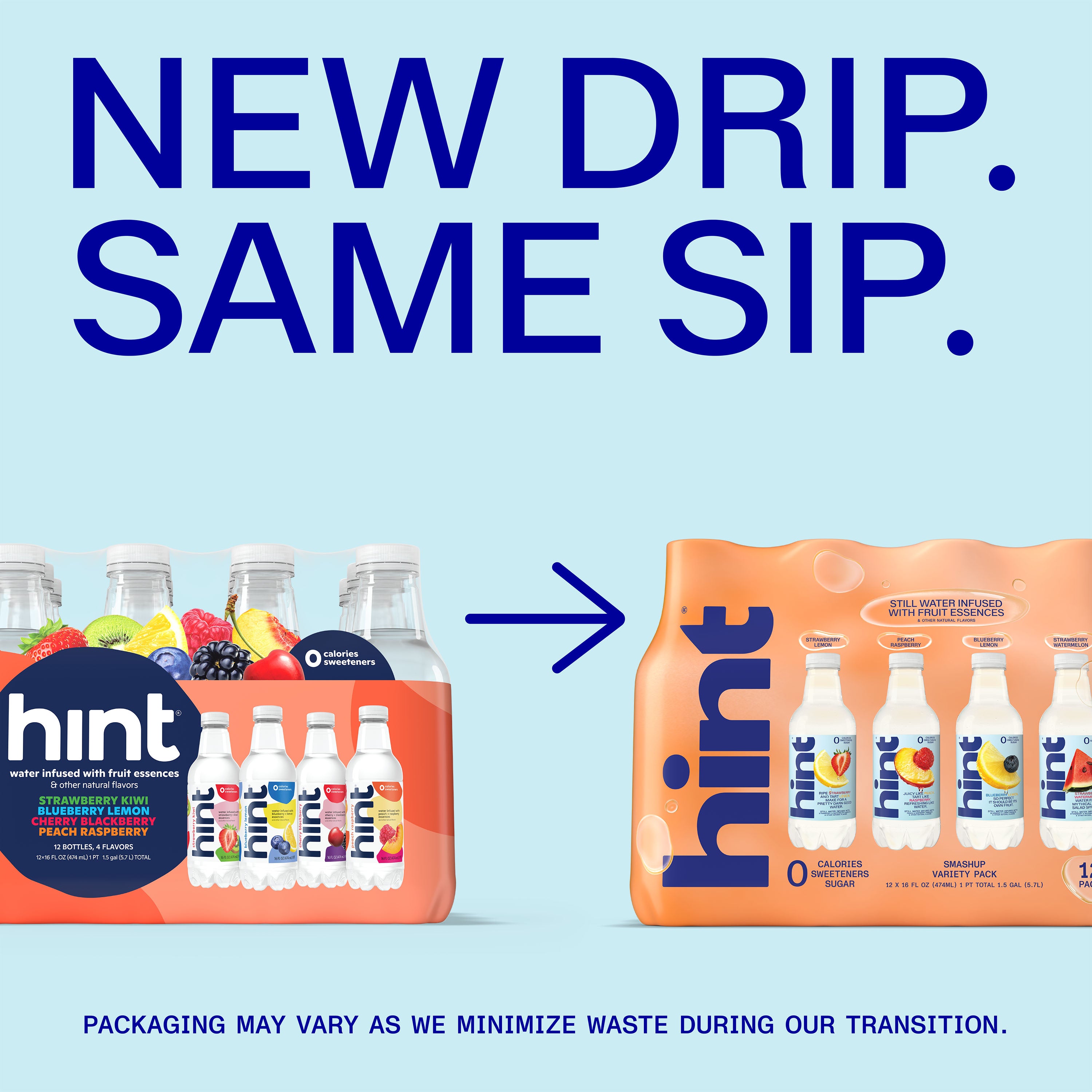 Two 12-packs of 16oz Hint Water variety packs showing old and new packaging with fruit flavors listed