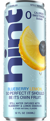 12 oz Hint Water can, still water, blueberry and lemon flavor, zero calories, sweeteners, or sugar