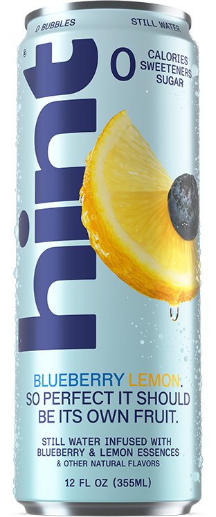 12 oz Hint Water can, still water, blueberry and lemon flavor, zero calories, sweeteners, or sugar