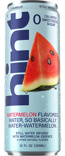 12 oz can of Hint still water flavored with watermelon, labeled zero calories, sweeteners, and sugar
