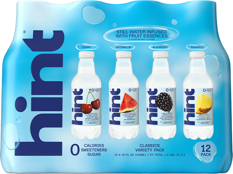 Pack of Hint water bottles with a blue label on a white background