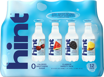 12-pack of Hint Water Classics variety with cherry, watermelon, blackberry, and pineapple flavors in 16 oz bottles
